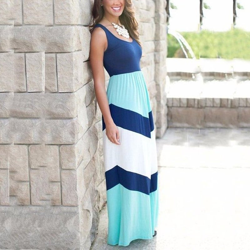 Qin.Orianna Summer Cute Mommy and Me Boho Striped Chevron Maxi Dresses Blue - Image 3
